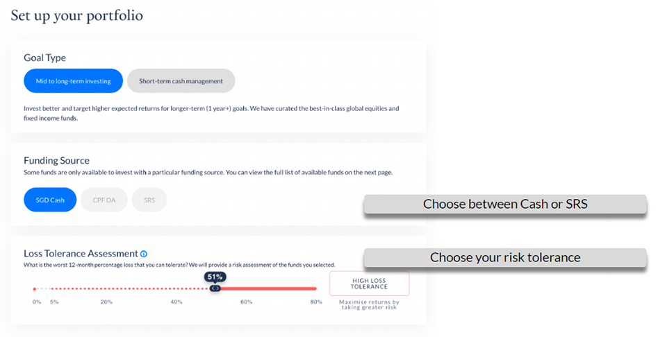 User interface on choosing funding source and risk tolerance