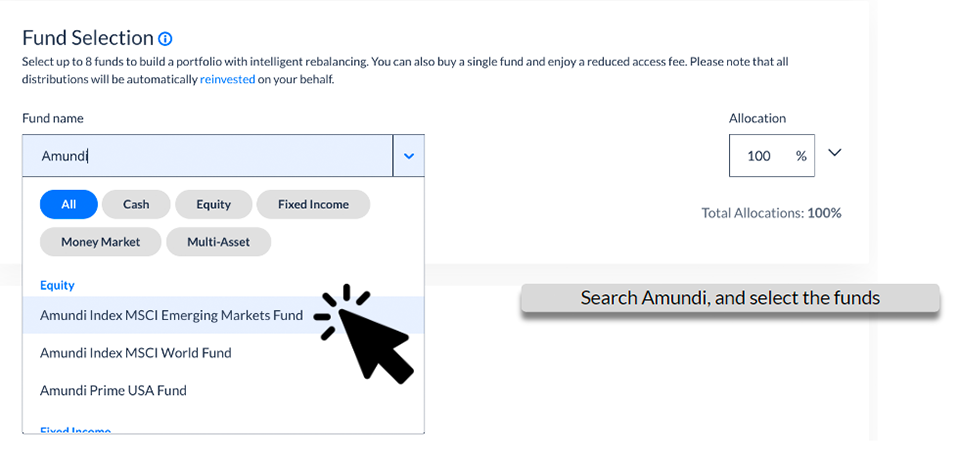 User interface on selecting Amundi index fund