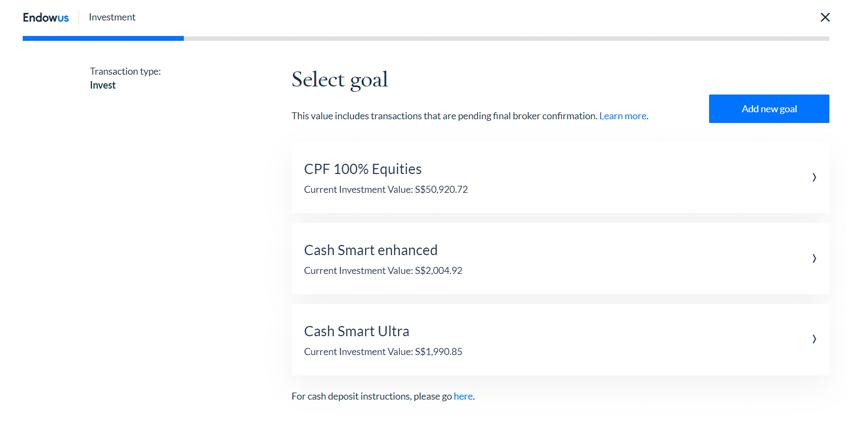 Endowus interface on goal selection