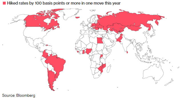 Heat map on countries with hiked rates by 100 basis points or more in one move this year