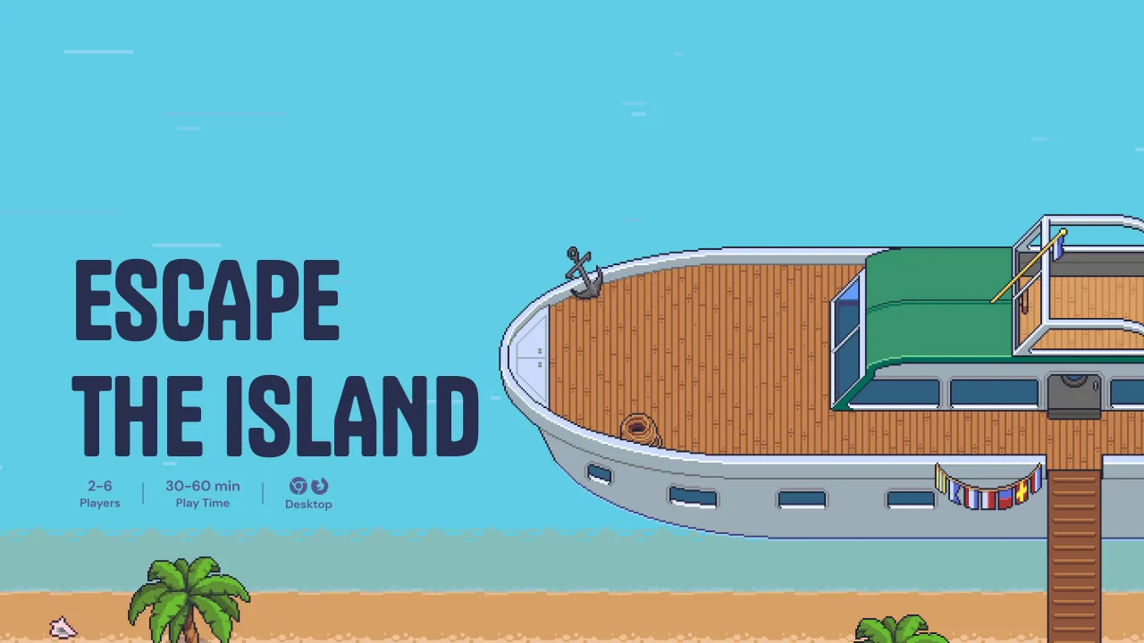 Escape the Island banner with a boat floating on light blue water, with a gangplank leading to a sandy shore.