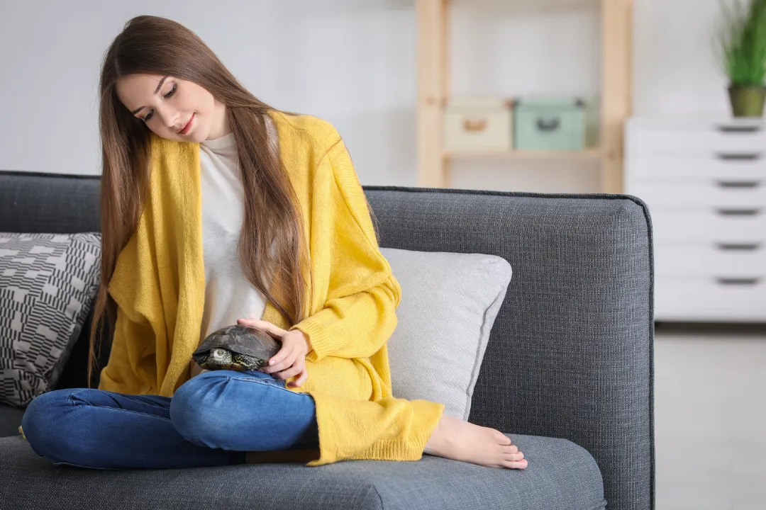 A woman lounging on the couch with her emotional support turtle