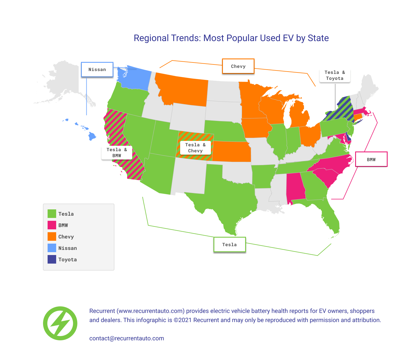 Most popular used EV by state 2021