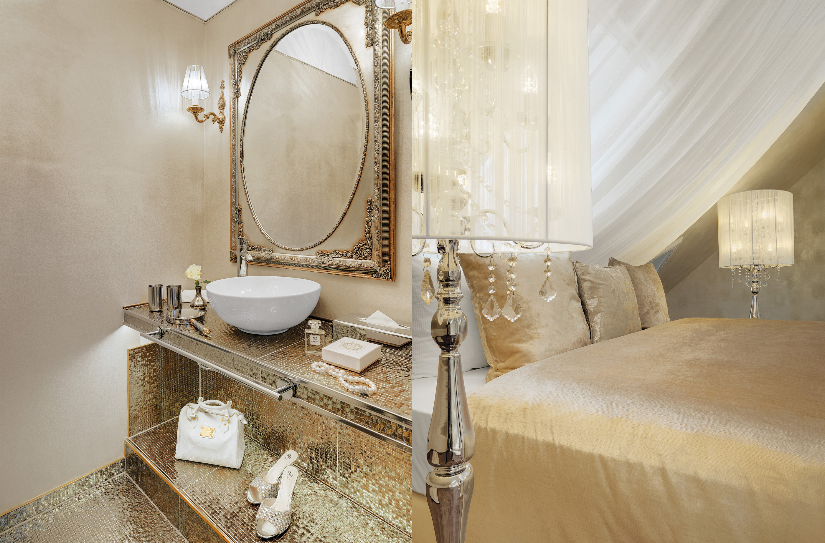 Collage Badezimmer und Schlafzimmer eines Maisonette-Zimmers im Hotel & Spa Resort Villa Contessa