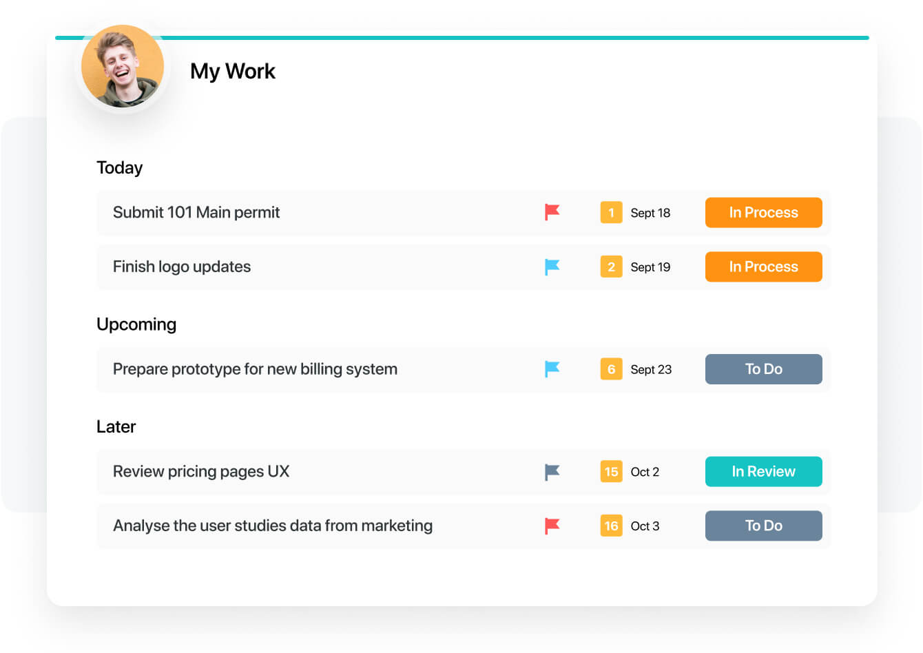 SmartSuite My Work feature showing daily, upcoming, and future tasks