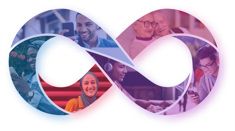 Composite of an infinity symbol with happy people interacting in the digital world