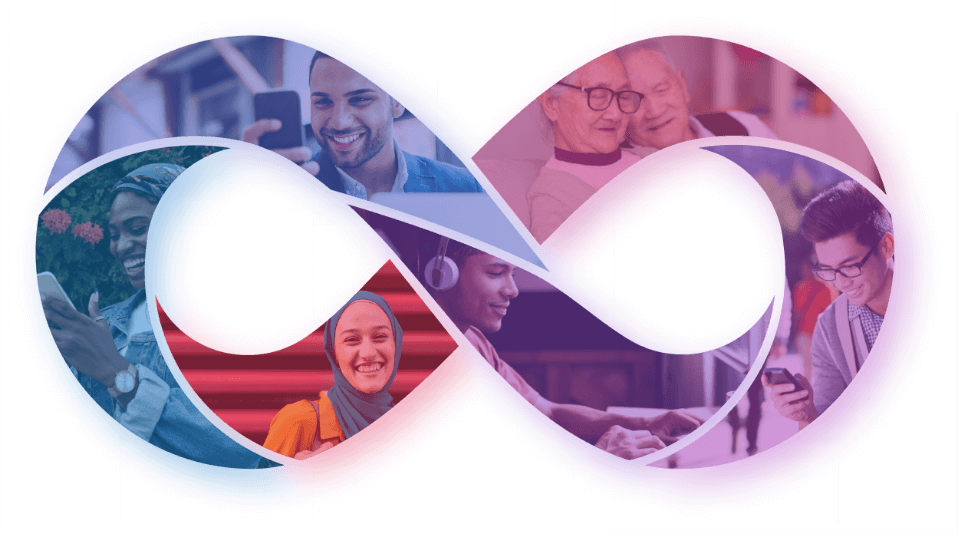 happy and protected people interacting with their mobile devices juxtaposed over an infinity symbol of continuous trust