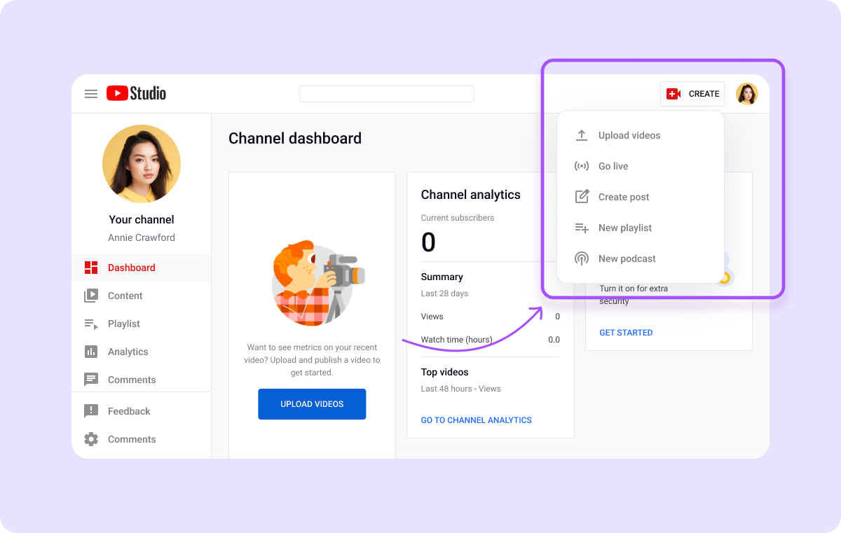 YouTube channel dashboard that shows how to upload a video