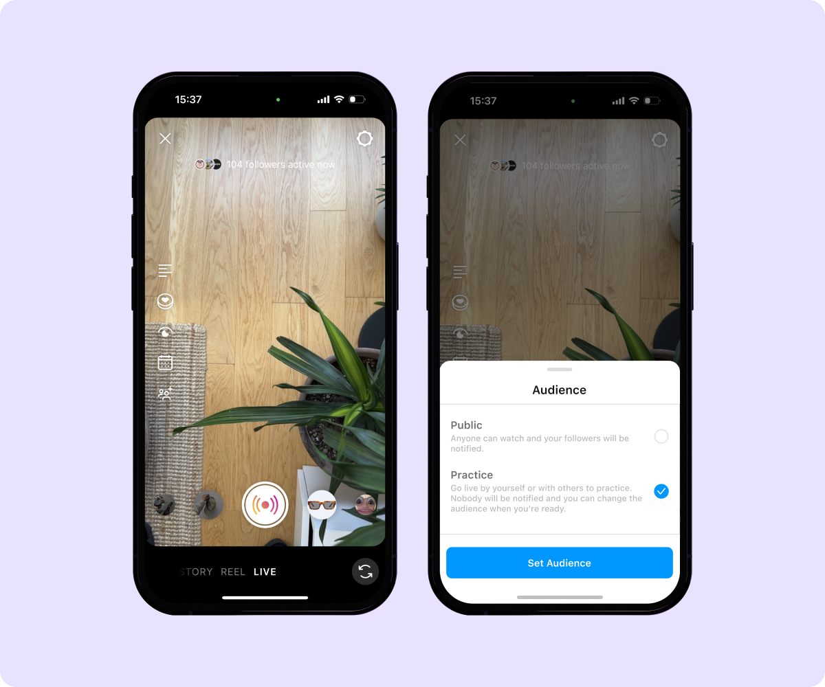 Screenshots with Instagram Live steps to ‘practice’ mode