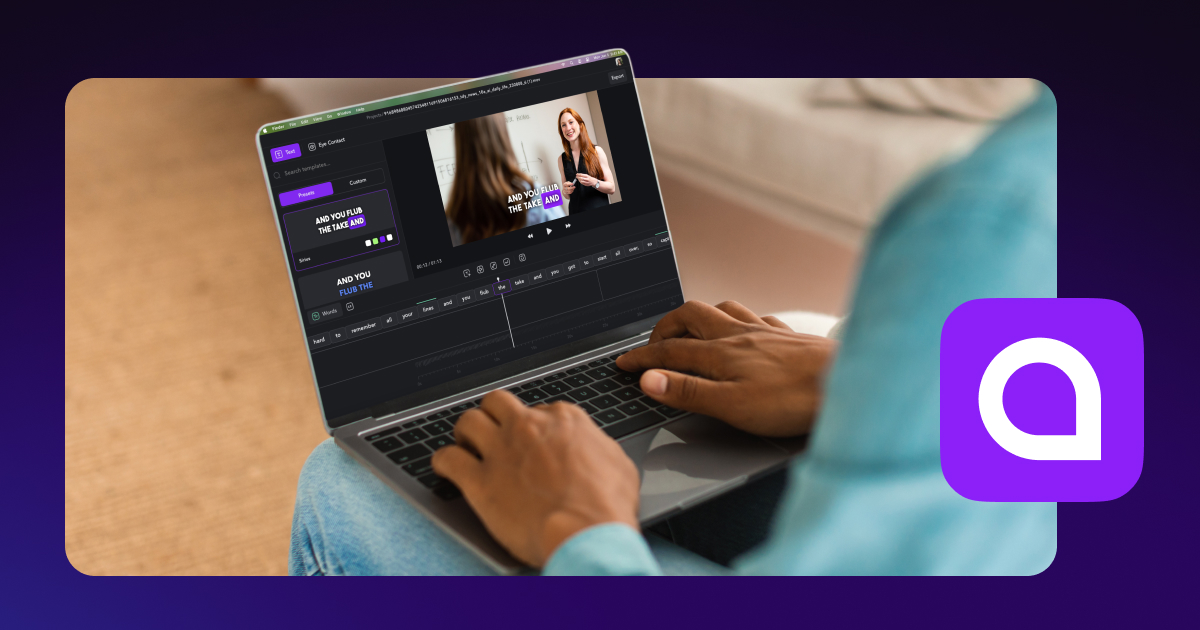 Hands using a laptop displaying Captions desktop web editor tool