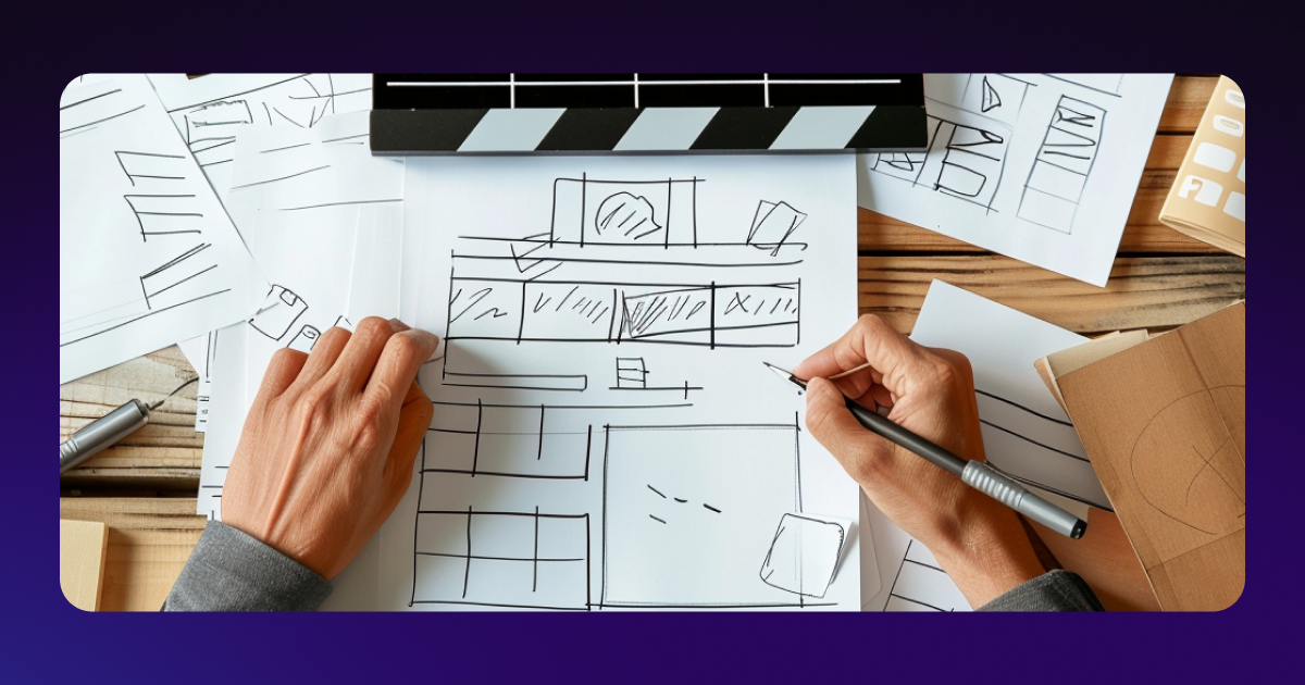Top view of a desk with a clapper board and paper storyboards, with hands drawing on one of them