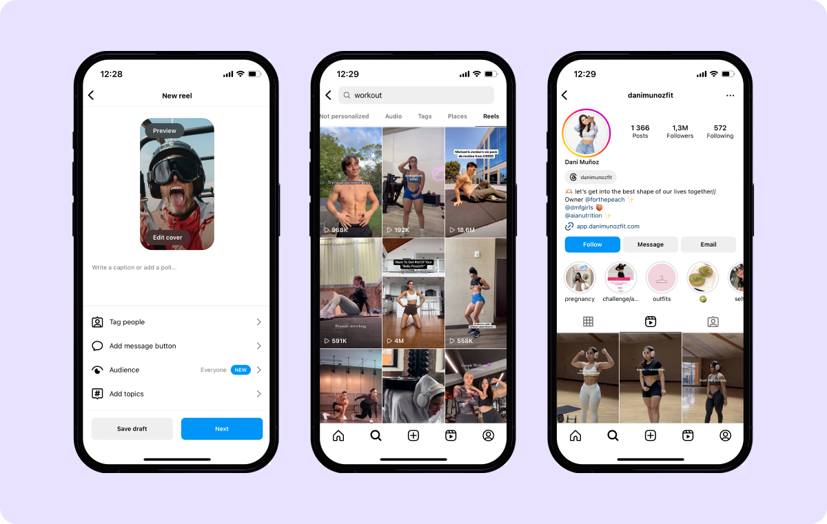 Screenshots of Instagram pages with Reels creation interface, Explore section interface, and a user profile