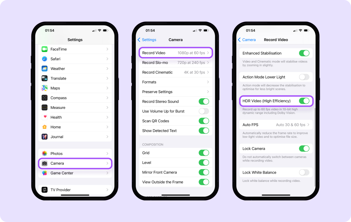 Screenshot of the iPhone settings interface to turn off HDR video