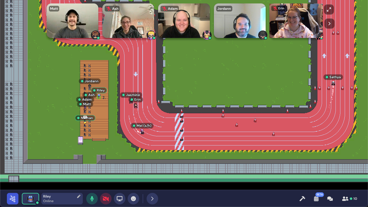 Five Gather staff on a Gather go kart track