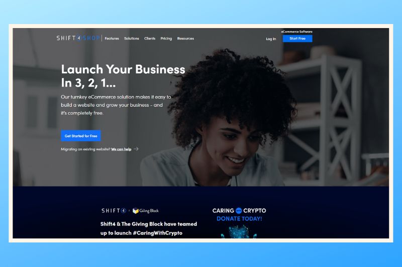 Homepage of Shift4Shop.