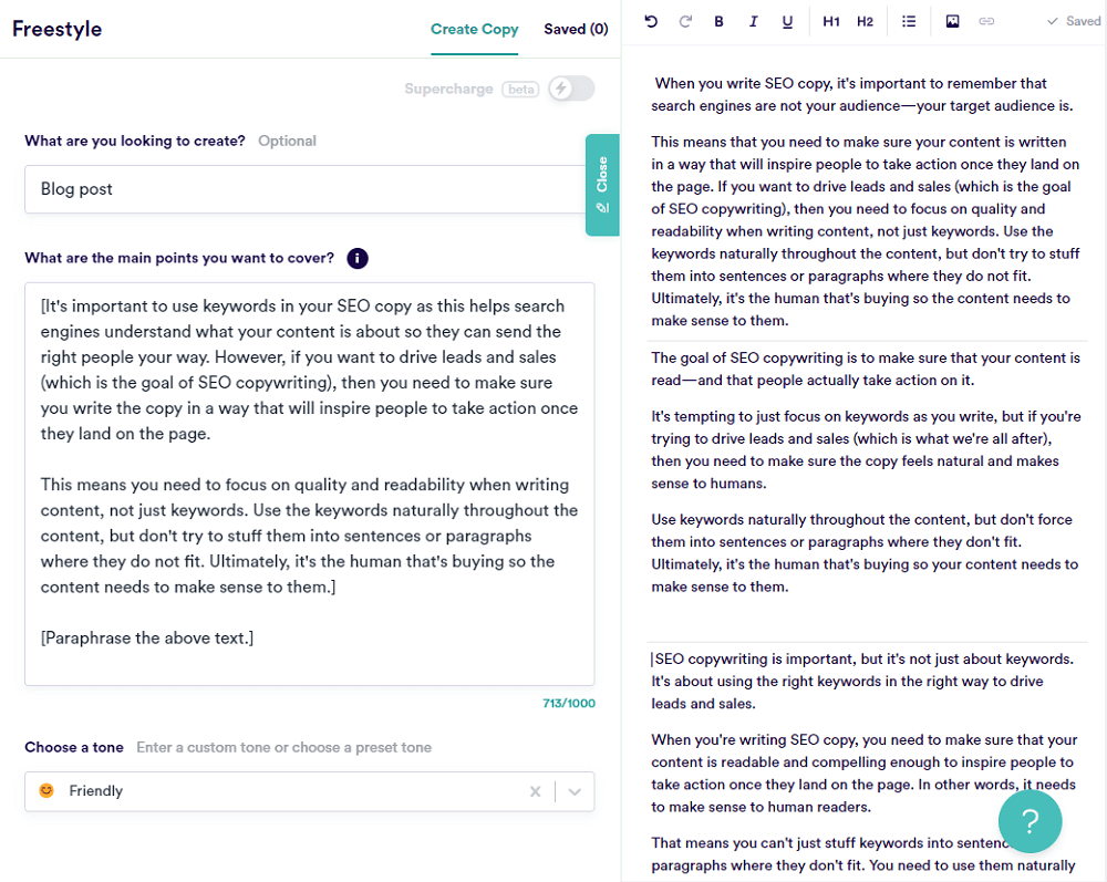 CopyAI Freestyle Tool For Paraphrasing
