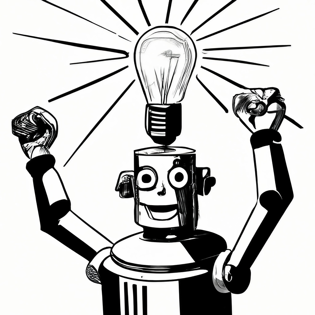 Bias in AI - A robot with cheering happily with its hands in the air and a lightbulb above its head.