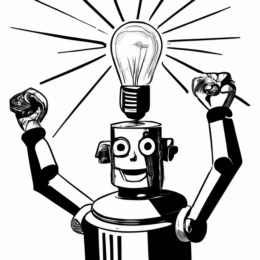 Bias in AI - A robot with cheering happily with its hands in the air and a lightbulb above its head. 