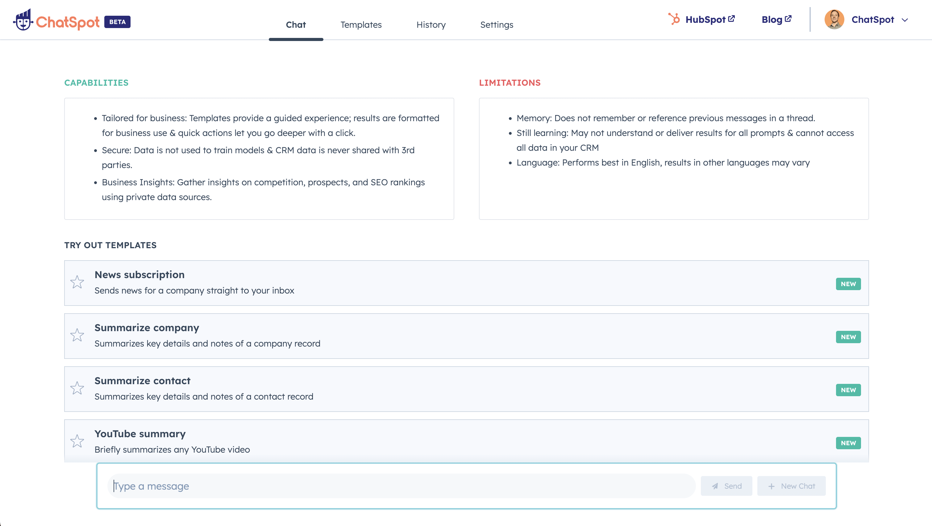 A product screenshot that demonstrates how to use ChatSpot's AI chat interface