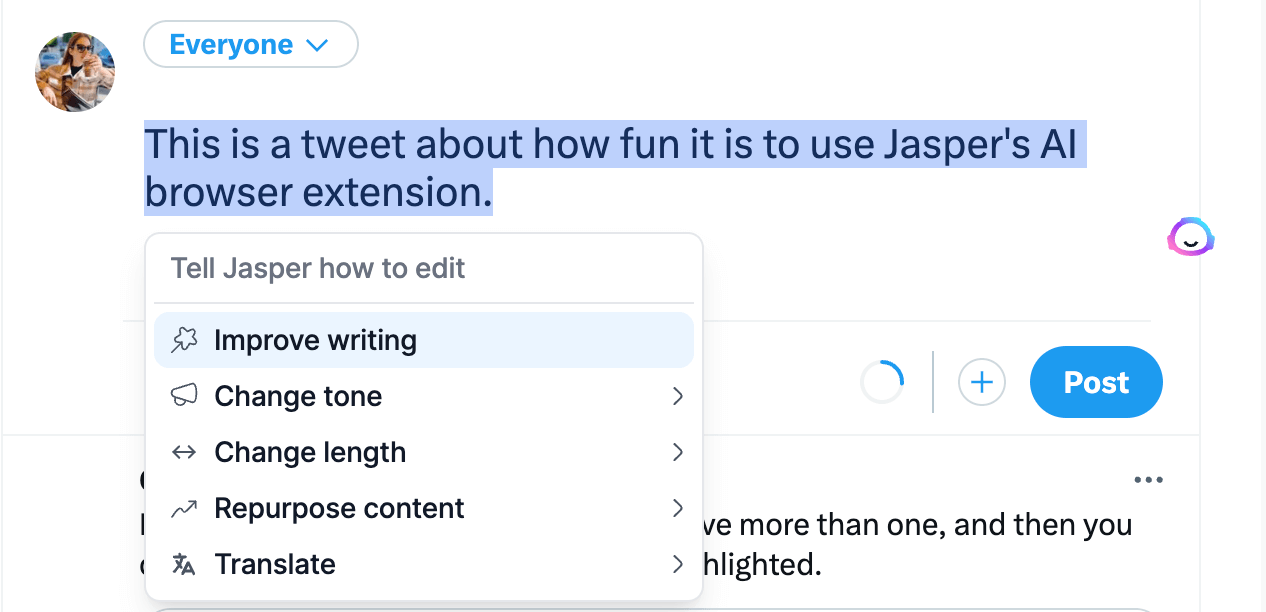 Product shot of Jasper's browser extension helping me edit a tweet on Twitter (X)