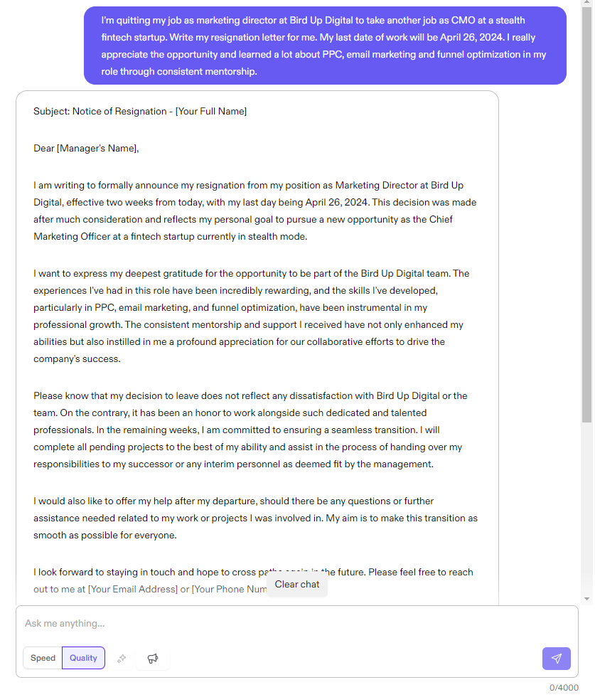 using Jasper Chat to generate a resignation letter