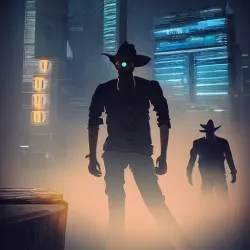AI-generated art image of two shadowy cowboys in a dark room