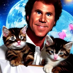 AI-generated art image of a portrait of Will Ferrell holding two kittens in front of a bright background