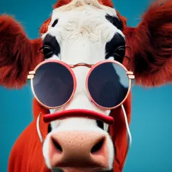 AI-generated art image of a cow wearing stylish sunglasses in front of a blue background