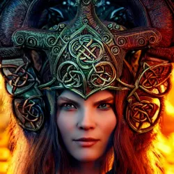 AI-generated art image of an other-worldy witch wearing an ancient headress and stern look on her face