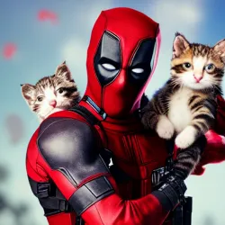 AI-generated art image of the superhero Deadpool holding two kittens in front of a cheery, sunny background