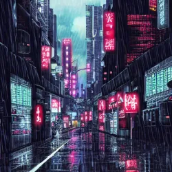 Ai-generated art image of a city's downtown lit up with neon on a dark rainy night