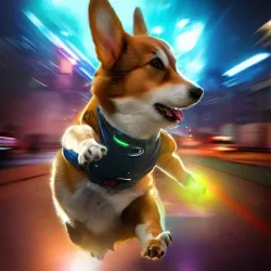 AI-generated art image of a corgi speeding through a room full of neon lights