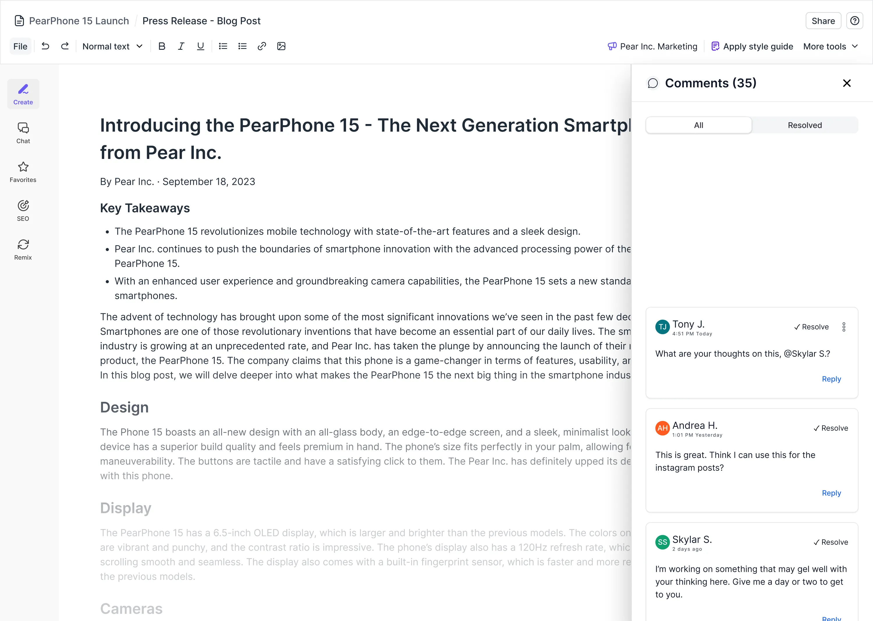 The comments view open in the editor showcasing how Jasper can summarize comments into actionable items