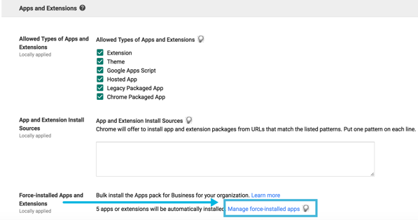 A screen shows "Force-Installed Apps and Extensions" highlighted, with a box around "Manage force-installed apps."