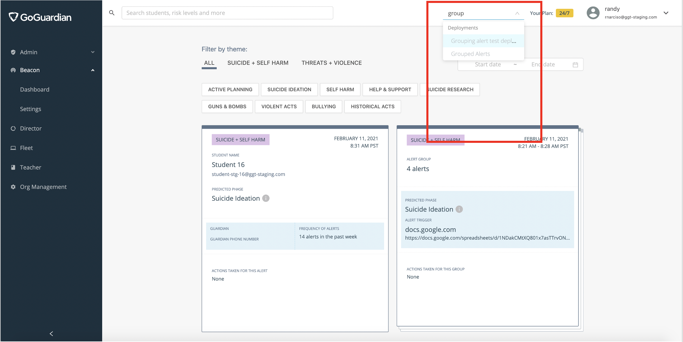 A screenshot of GoGuardian Beacon with the group path highlighted