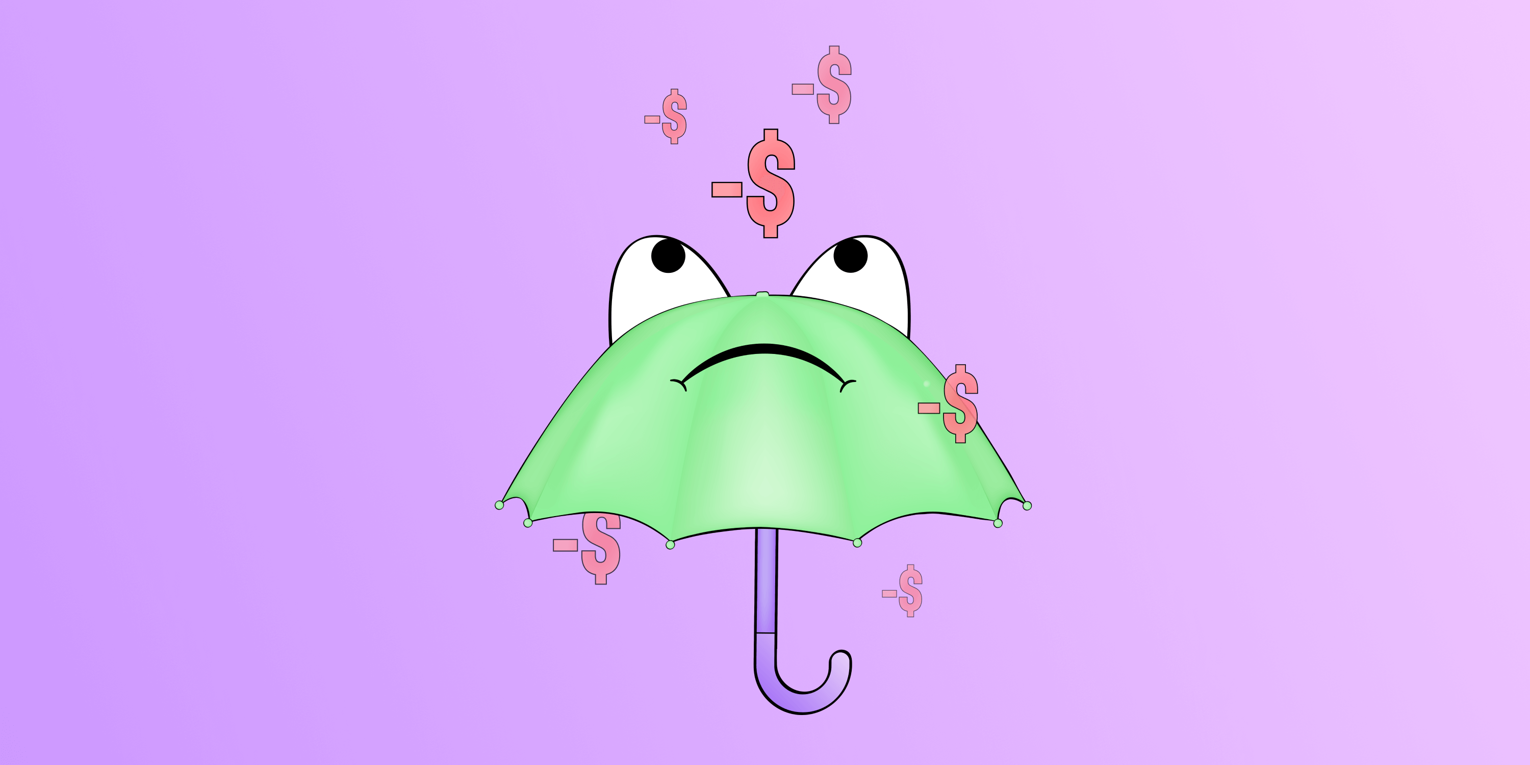 A sad frog umbrella with dollars raining down on it