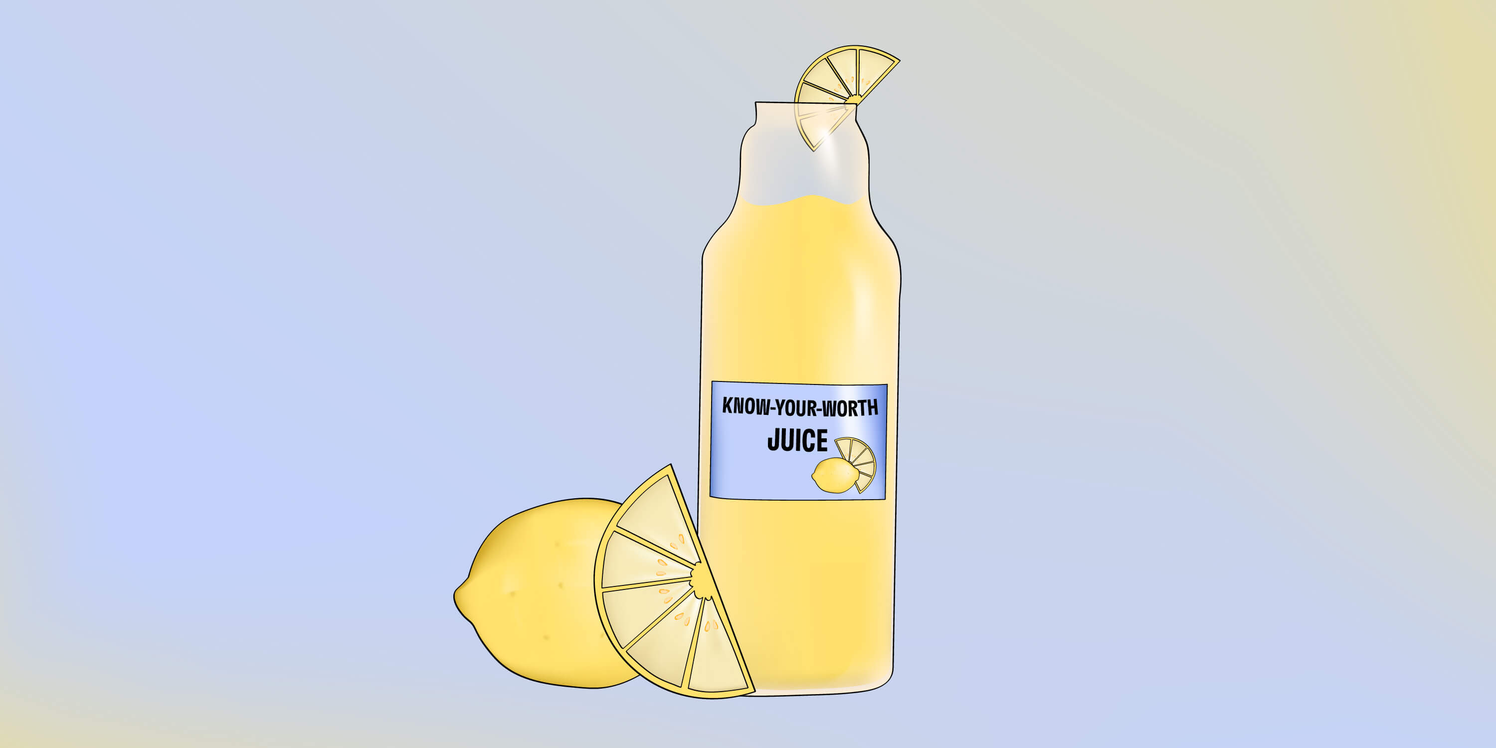 an illustration of a lemonade bottle with a label 'self-worth juice'