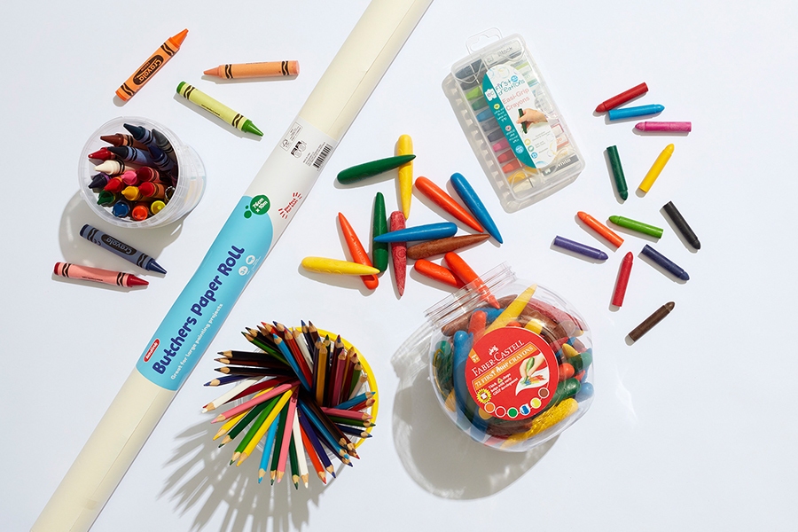 Colouring in with coloured pencils, crayons and butchers paper