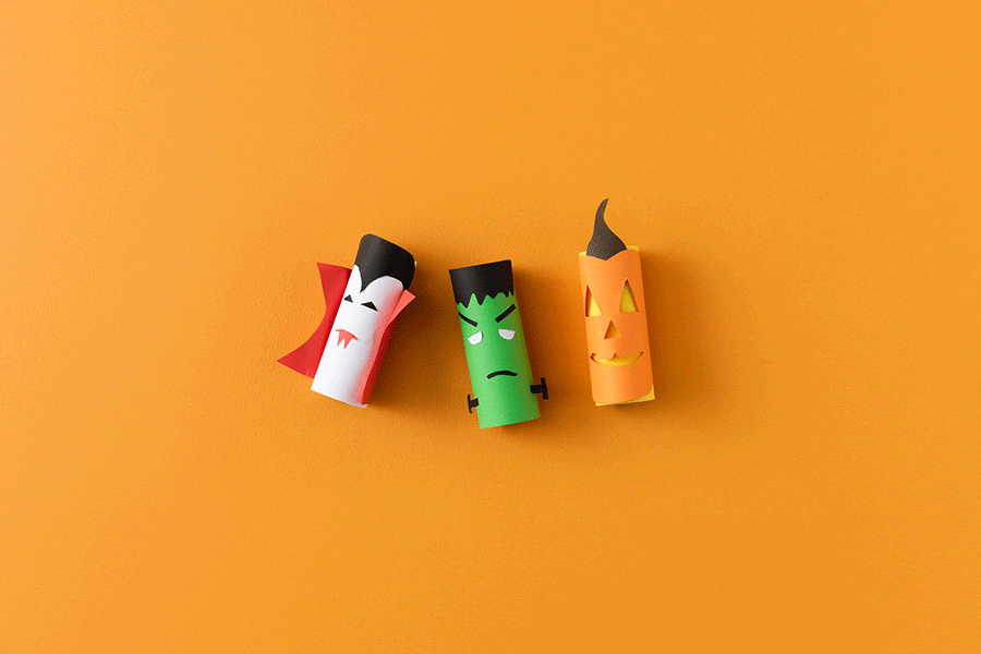 Cute cardboard-roll characters with spooky faces are another easy Halloween craft for kids.