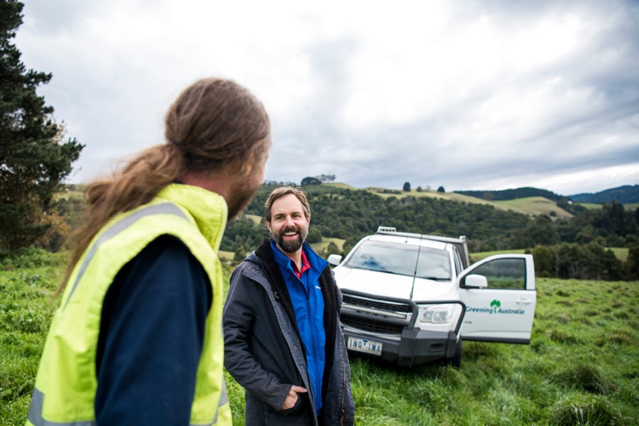 Officeworks team members at a tree planting site in the Strzelecki Ranges in Victoria, helping to improve the natural environment.