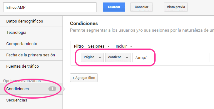 segmento en Google Analytics para el tráfico AMP