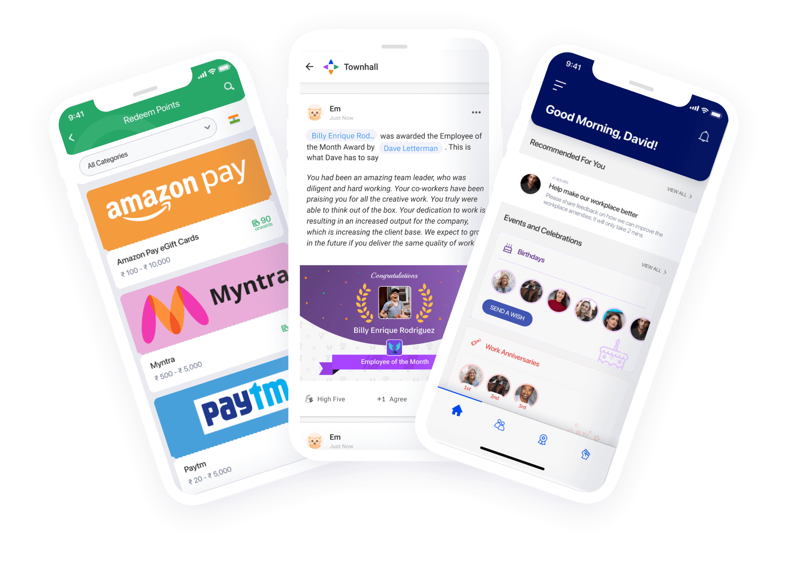 Rewards, engagement feed and welcome page on Empuls mobile app