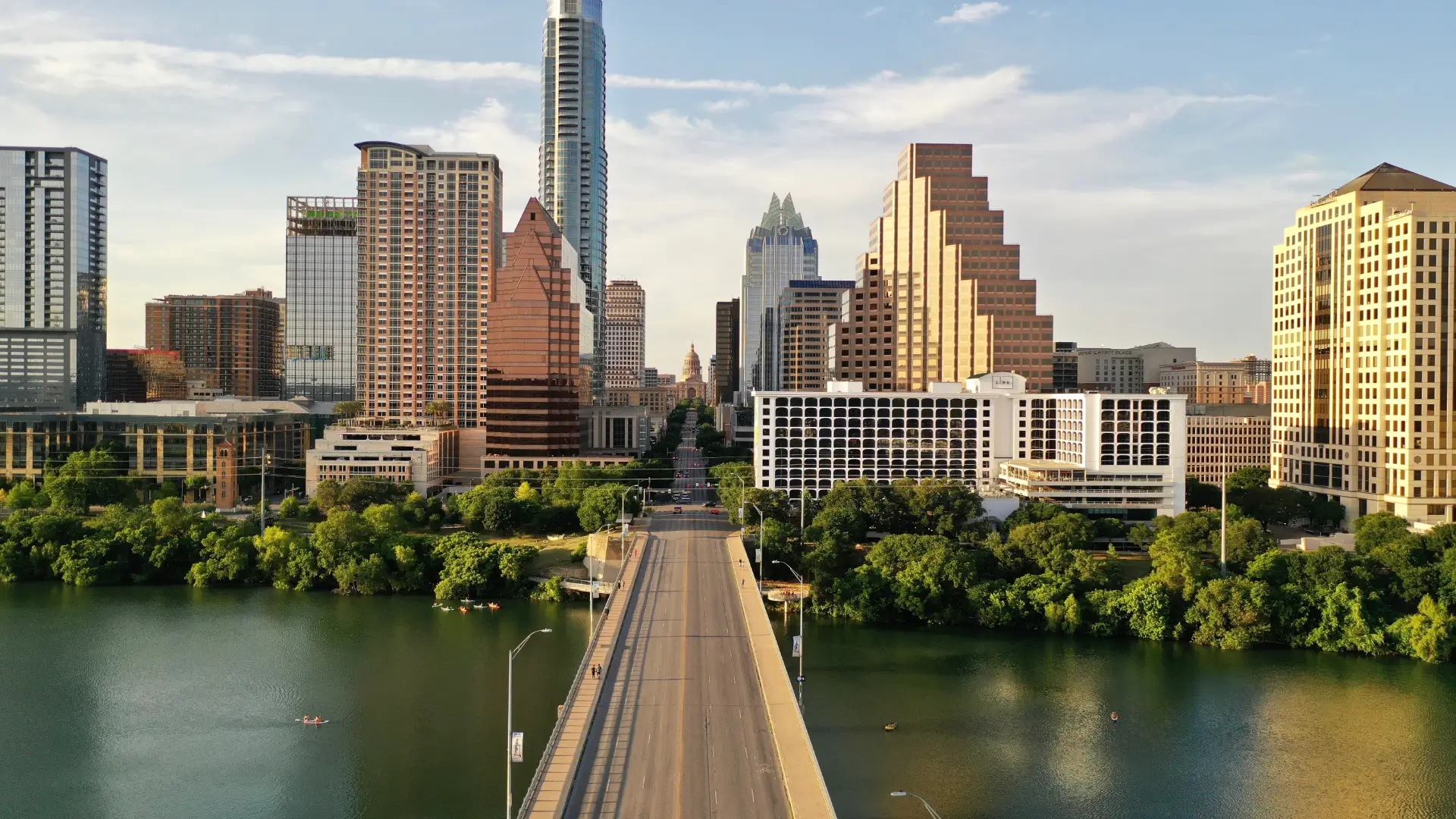 A medium shot of the city of Austin from the South Congress bridge.