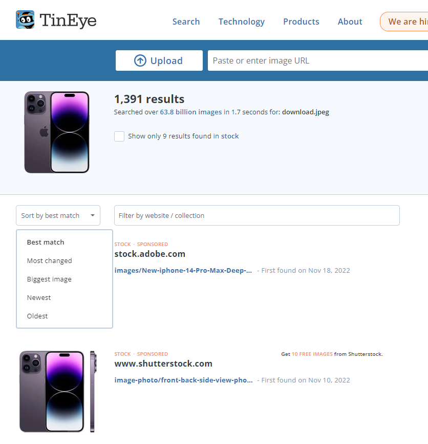 TinEye reverse search results