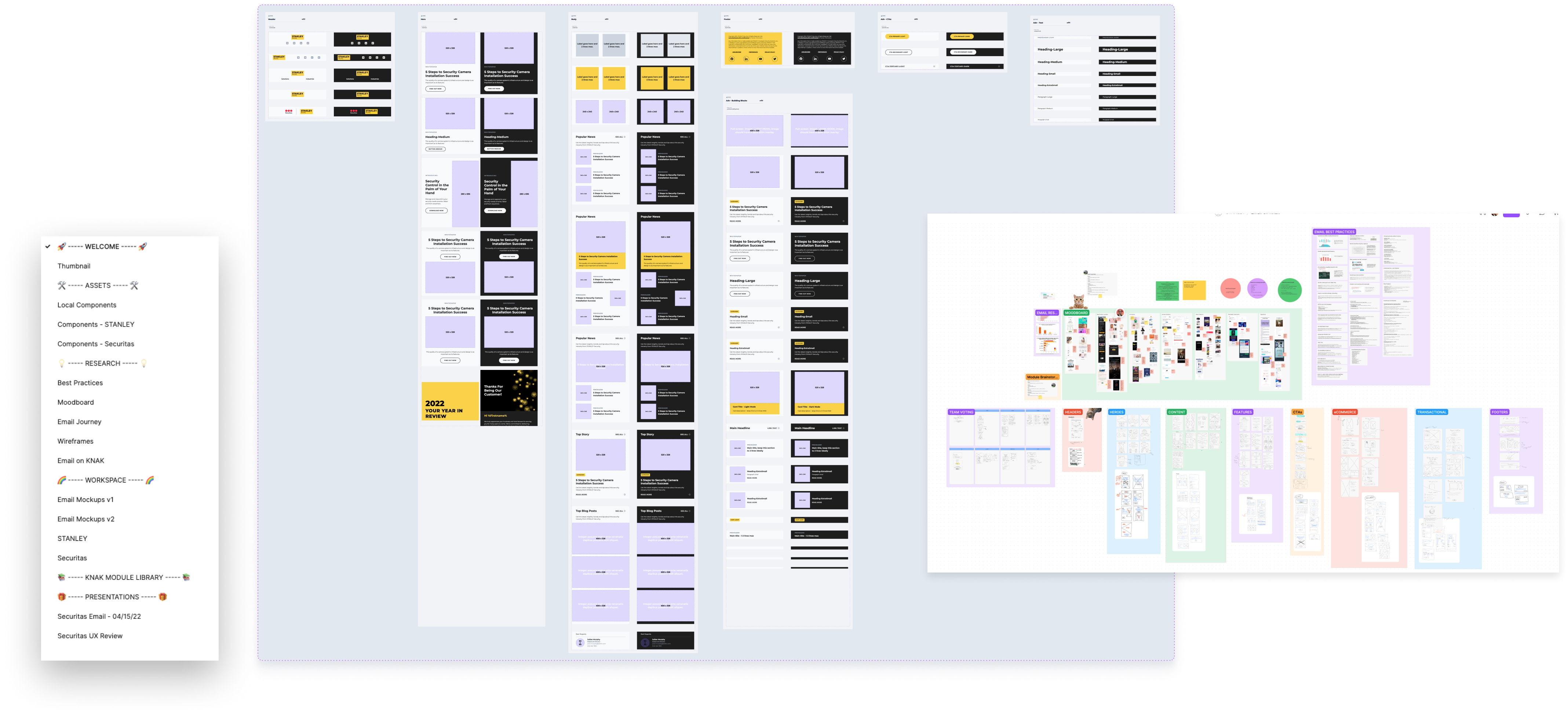 image of knak components for email designed with mainly purple, white and navy and then a moodboard in front 