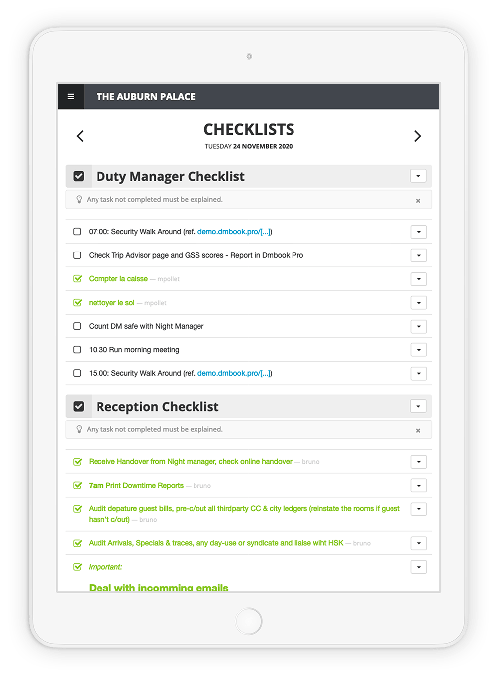 checklist duty manager cahier de consigne Dmbook LoungeUp hotel