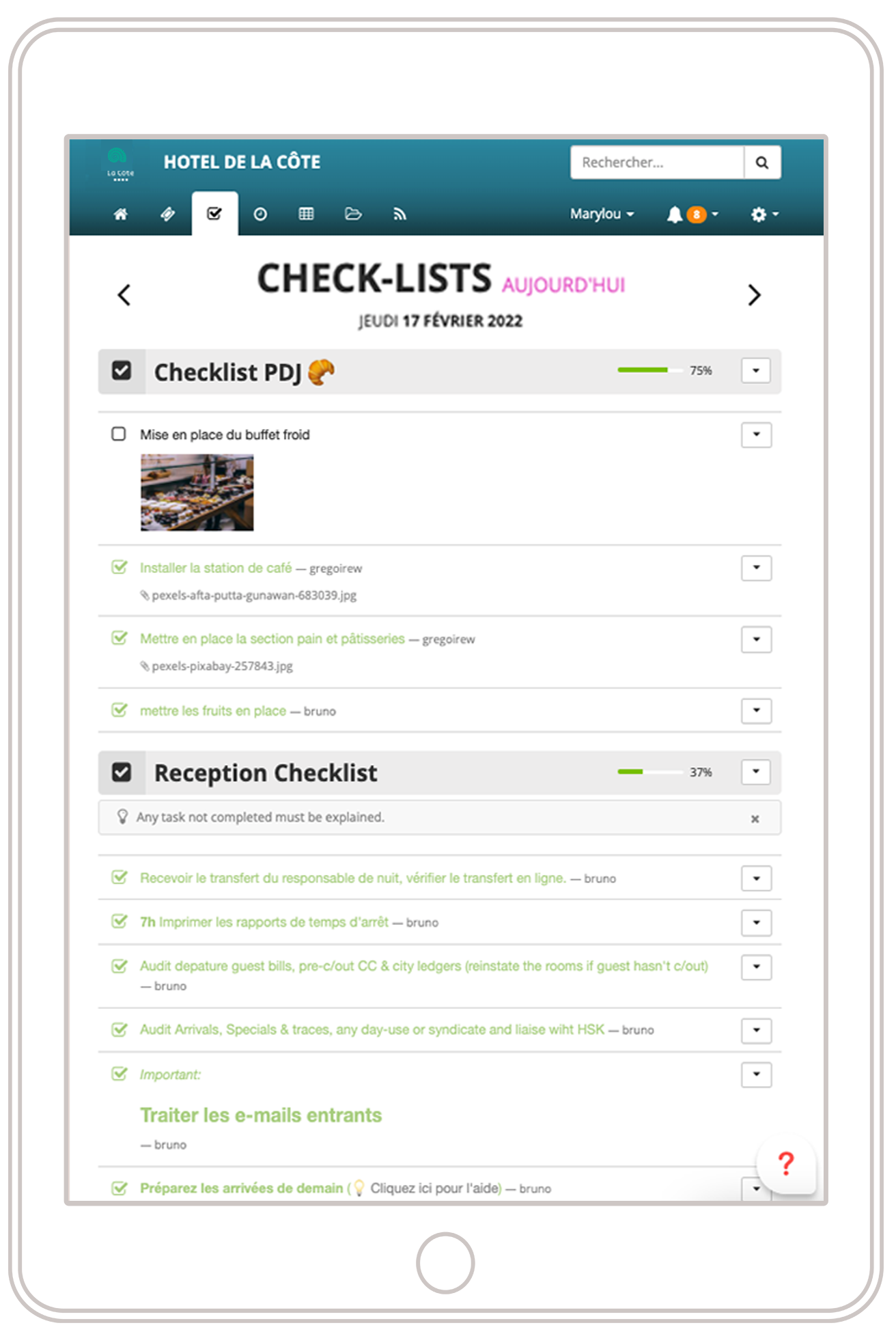 checklist duty manager cahier de consigne Dmbook LoungeUp hotel