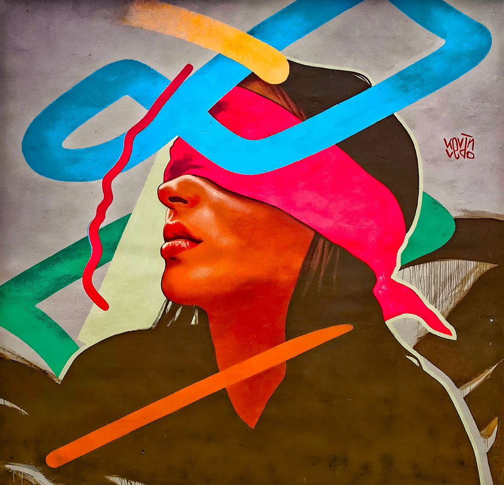 A painting of a woman with a red bandana tied around her face to cover her eyes.