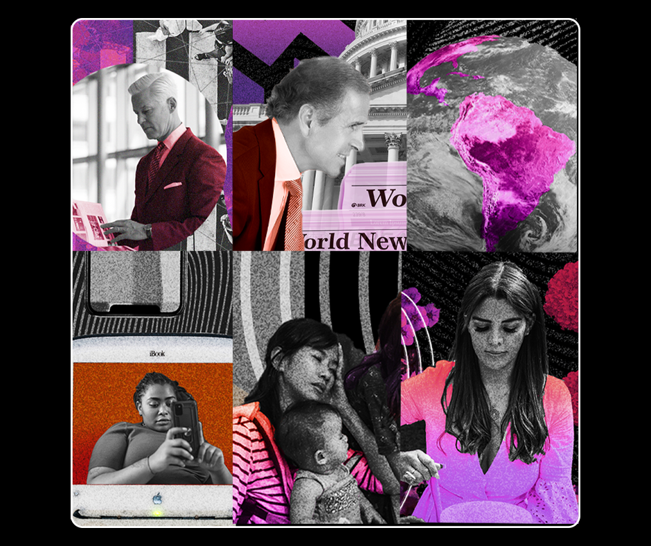 Photo collage of six images in a three by three configuration. Image one is of a white man in a business suit reading a report. Image two is a closeup of a white man with the U.S. Capitol building in the background. Image three is an image of the Earth with South America in the center. Image four is a Black woman looking at a cellphone. Image five is an Asian woman looking tired while she holds her child. Image six is of a woman with long black hair using a singing bowl