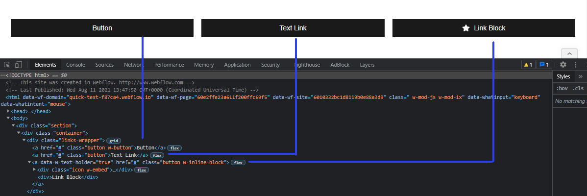 Button, text link, link block html screenshot